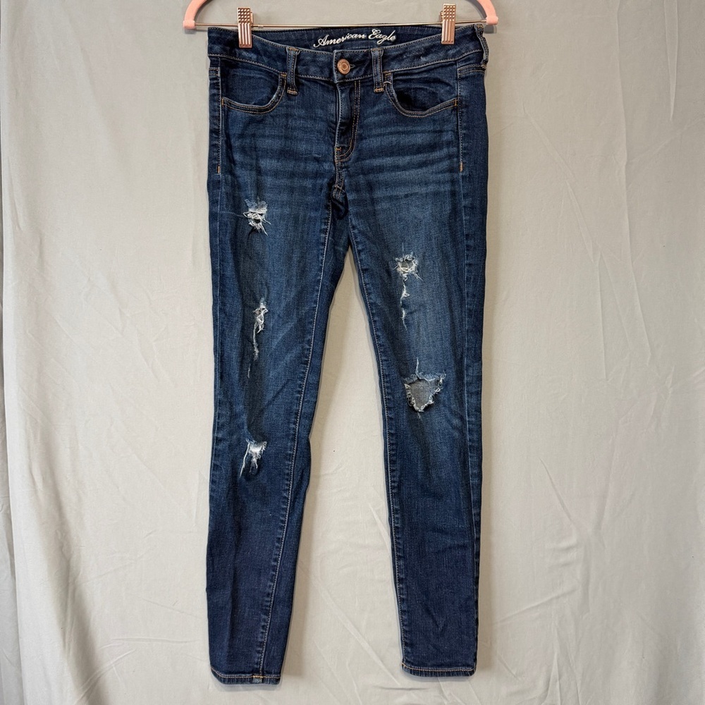 American Eagle Womens 6 Distressed Skinny Jeggings Short Dark Blue Denim Grunge